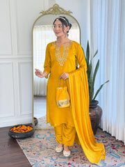 YELLOW COLOURED WOMEN'S COTTON EMBROIDERED KURTA WITH PANT DUPATTA SET