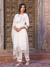 WHITE COLOURED WOMEN'S VISCOSE CHANDERI EMBROIDERED KURTA WITH PANT DUPATTA SET
