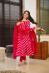 PINK RED COLOURED WOMEN'S MUSLIN EMBROIDERED KURTA WITH PANT DUPATTA SET