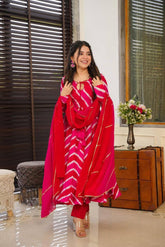 PINK RED COLOURED WOMEN'S MUSLIN EMBROIDERED KURTA WITH PANT DUPATTA SET