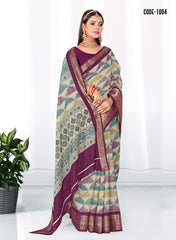 Geometric Print Zari border Soft cotton saree with blouse for women