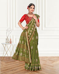 Handwork Viscose border Cotton saree with blouse for women