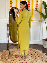 YELLOW COLOURED WOMEN'S COTTON EMBROIDERED KURTA WITH PANT DUPATTA SET