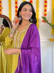 YELLOW COLOURED WOMEN'S COTTON EMBROIDERED KURTA WITH PANT DUPATTA SET