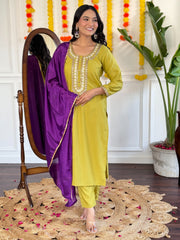 YELLOW COLOURED WOMEN'S COTTON EMBROIDERED KURTA WITH PANT DUPATTA SET
