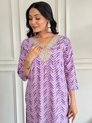PURPLE COLOURED WOMEN'S FRENCH CREPE EMBROIDERED KURTA WITH PANT DUPATTA SET