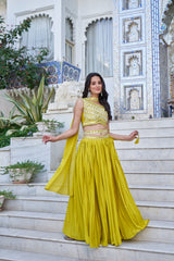 Lemon Green Embroidered Chiffon Plated Lehenga Choli
