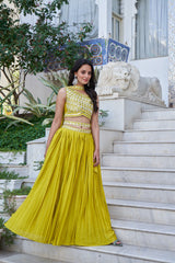 Lemon Green Embroidered Chiffon Plated Lehenga Choli