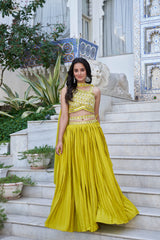 Lemon Green Embroidered Chiffon Plated Lehenga Choli