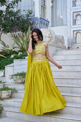 Lemon Green Embroidered Chiffon Plated Lehenga Choli
