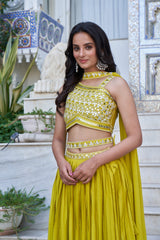 Lemon Green Embroidered Chiffon Plated Lehenga Choli