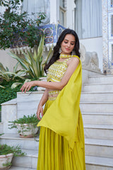 Lemon Green Embroidered Chiffon Plated Lehenga Choli
