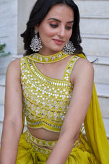 Lemon Green Embroidered Chiffon Plated Lehenga Choli