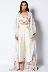 White Dupion Pant Set With Cape