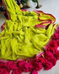 Lime Green Soft Georgette embroidered lace Saree