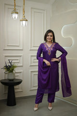 DARK PURPLE COLOURED WOMEN'S CHANDERI SILK EMBROIDERED KURTA WITH PANT DUPATTA SET