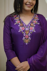 DARK PURPLE COLOURED WOMEN'S CHANDERI SILK EMBROIDERED KURTA WITH PANT DUPATTA SET