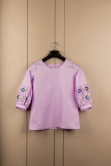 C-03 Pink Embroidered Bell-Sleeve Tunic for Women – Stylish Cotton Blend Solid Top | Elegant 3/4 Sleeve Casual & Office Wear Malaysia 2025