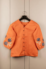 Saffron Embroidered Bell-Sleeve Tunic for Women – Stylish Cotton Blend Solid Top | Elegant 3/4 Sleeve Casual & Office Wear Malaysia 2025 (C-04)