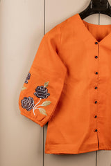 Saffron Embroidered Bell-Sleeve Tunic for Women – Stylish Cotton Blend Solid Top | Elegant 3/4 Sleeve Casual & Office Wear Malaysia 2025 (C-04)