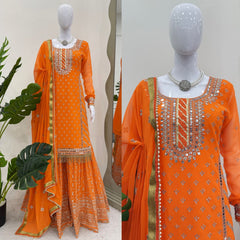 Orange Faux Georgette sequins embroidery readymade Sharara suit