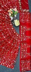 Red color soft net embroidered lehenga choli for women