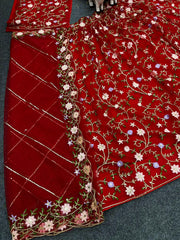 Red color soft net embroidered lehenga choli for women