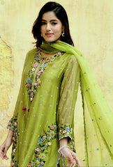 Olive Green Orchid Heavy Long Kurta