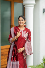 MAROON COLOURED WOMEN'S POLYSTER KURTA WITH DUPATTA SET