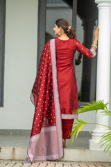 MAROON COLOURED WOMEN'S POLYSTER KURTA WITH DUPATTA SET