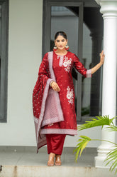 MAROON COLOURED WOMEN'S POLYSTER KURTA WITH DUPATTA SET