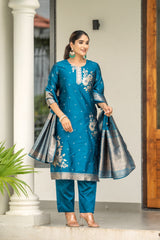 BLUE COLOURED WOMEN'S POLYSTER KURTA WITH DUPATTA SET