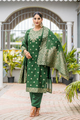GREEN COLOURED WOMEN'S POLYSTER KURTA WITH DUPATTA SET