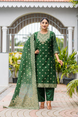 GREEN COLOURED WOMEN'S POLYSTER KURTA WITH DUPATTA SET