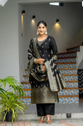 BLACK COLOURED WOMEN'S POLYSTER KURTA WITH DUPATTA SET