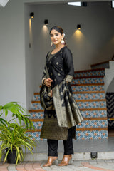 BLACK COLOURED WOMEN'S POLYSTER KURTA WITH DUPATTA SET