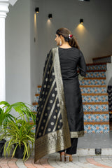 BLACK COLOURED WOMEN'S POLYSTER KURTA WITH DUPATTA SET