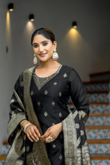 BLACK COLOURED WOMEN'S POLYSTER KURTA WITH DUPATTA SET