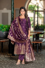 BROWN COLOURED WOMEN'S POLYSTER KURTA WITH DUPATTA SET