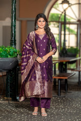 BROWN COLOURED WOMEN'S POLYSTER KURTA WITH DUPATTA SET