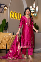 CHERRY COLOURED WOMEN'S POLYSTER KURTA WITH DUPATTA SET