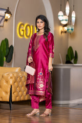 CHERRY COLOURED WOMEN'S POLYSTER KURTA WITH DUPATTA SET
