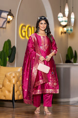 CHERRY COLOURED WOMEN'S POLYSTER KURTA WITH DUPATTA SET