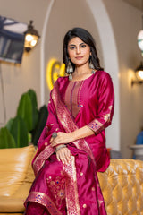 CHERRY COLOURED WOMEN'S POLYSTER KURTA WITH DUPATTA SET