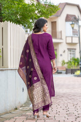 WINE COLOURED WOMEN'S POLYSTER KURTA WITH DUPATTA SET