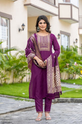 WINE COLOURED WOMEN'S POLYSTER KURTA WITH DUPATTA SET