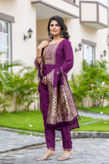 WINE COLOURED WOMEN'S POLYSTER KURTA WITH DUPATTA SET