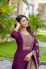 WINE COLOURED WOMEN'S POLYSTER KURTA WITH DUPATTA SET
