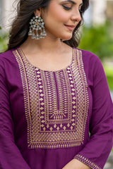 WINE COLOURED WOMEN'S POLYSTER KURTA WITH DUPATTA SET
