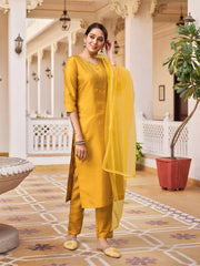 YELLOW COLOURED WOMEN'S RAYON SILK KURTA WITH DUPATTA SET